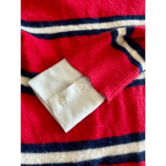 Scripted Red Wool Cashmere Striped Sweater w White Collar Asymmetrical Hem Small - Picture 3 of 9